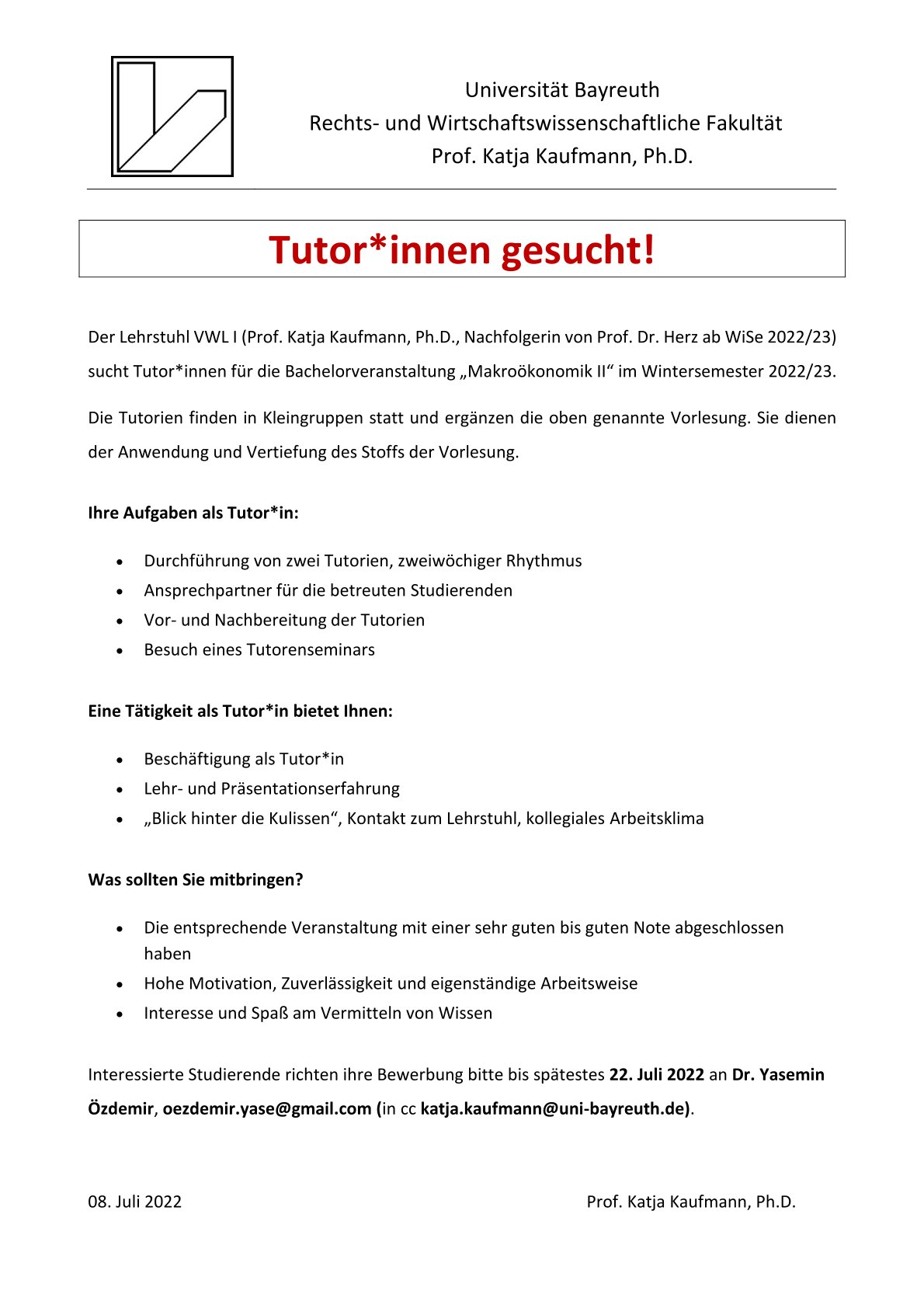 Ankündigung Makroökonomik II Tutoren gesucht